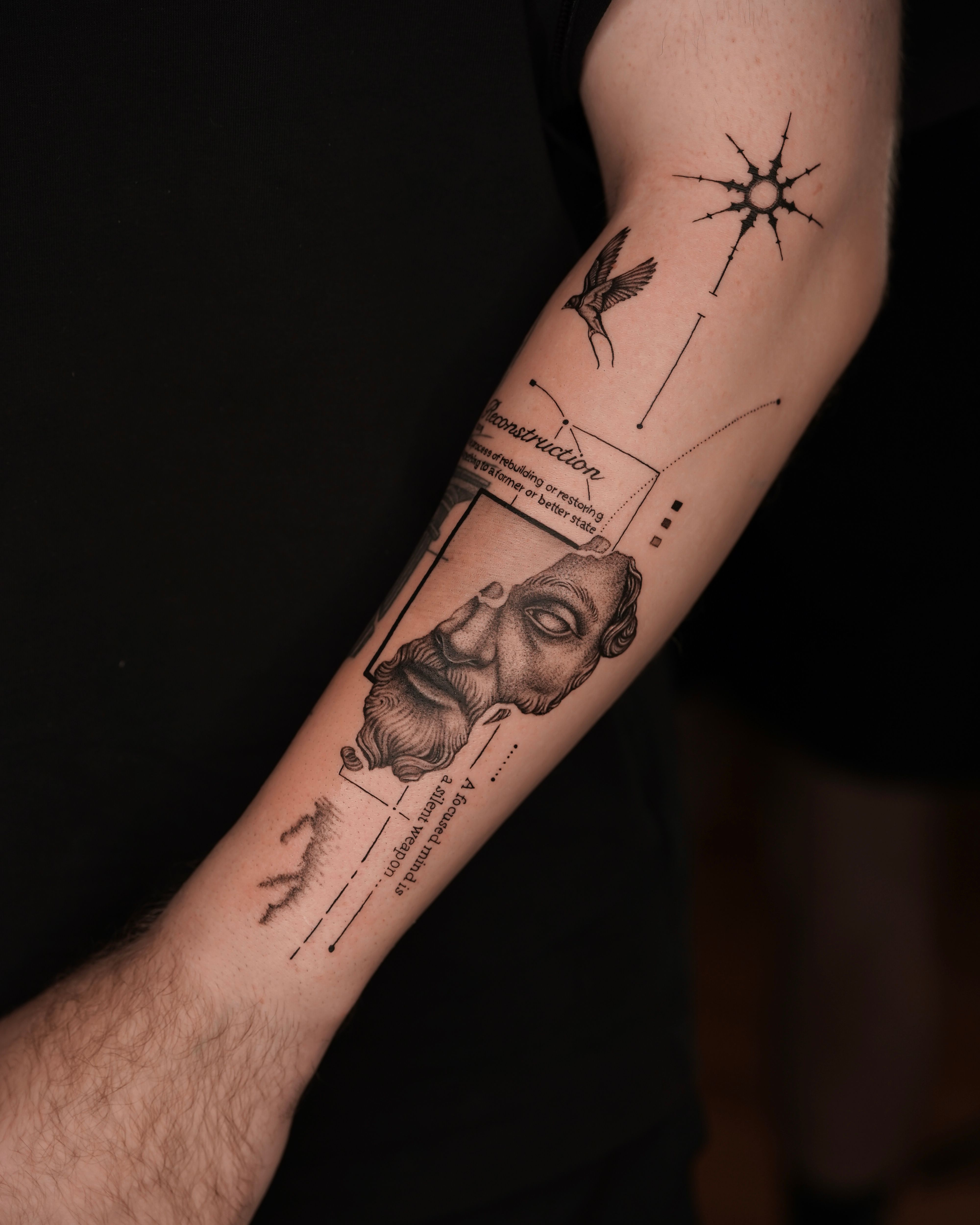 Marcus Aurelius Stoic Forearm Tattoo in realism and fineline style