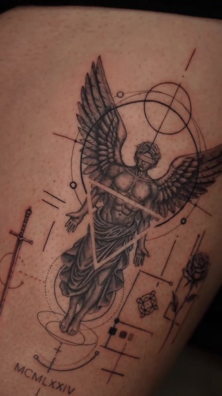 Angel and geometry realism memorial thigh tattoo in black and grey