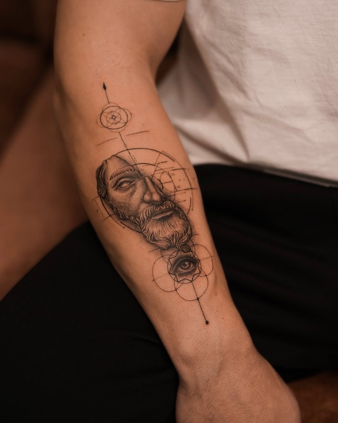 Marcus Aurelius in sacred geometry micro realism tattoo